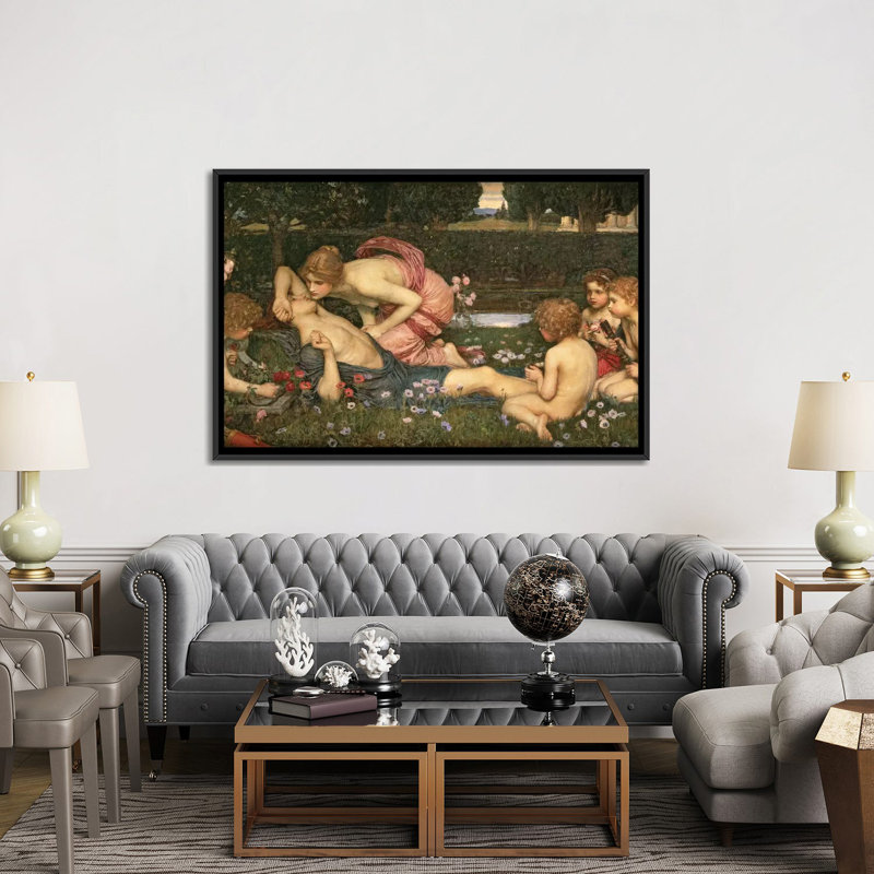 The Awakening Of Adonis, 1899 by John William Waterhouse - Print, 18" H x 26" W x 1.5" D, Black Framed Canvas, No Mat