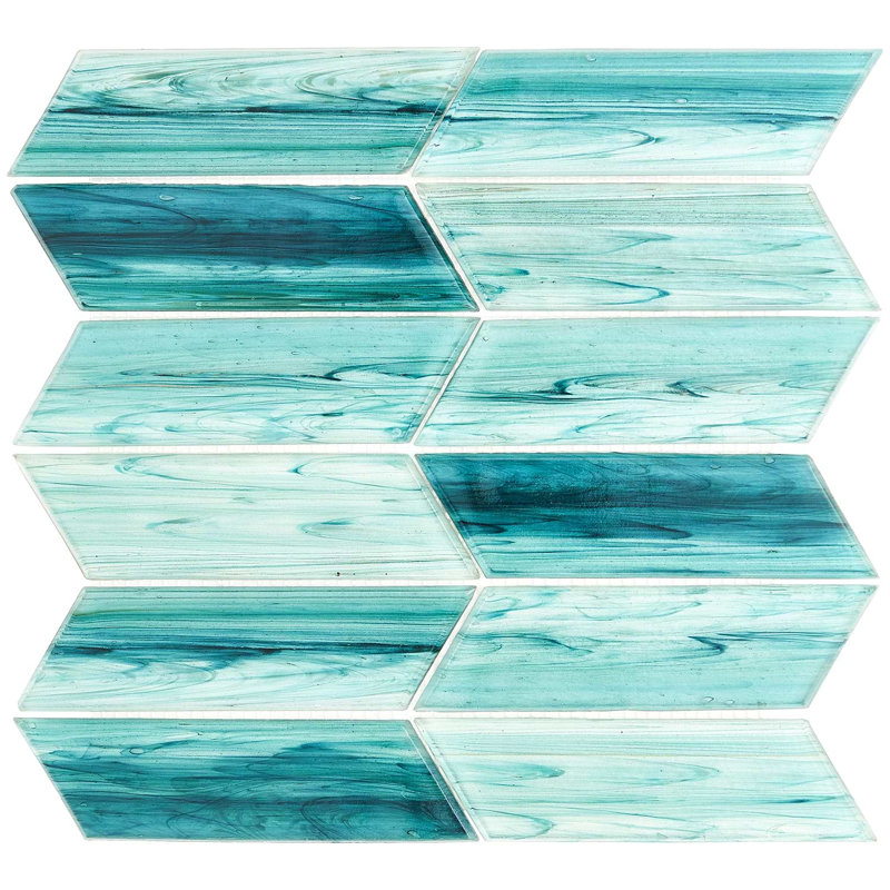 Maya 2x7 Chevron Polished Glass Mosaic Tile, Chevron Teal