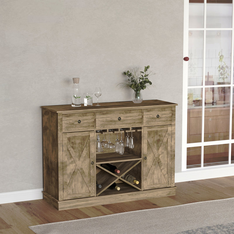 Armoire-bar Farmhouse, armoire à vin avec 3 tiroirs, armoire buffet avec support à vin en forme de X et porte-verres à pied