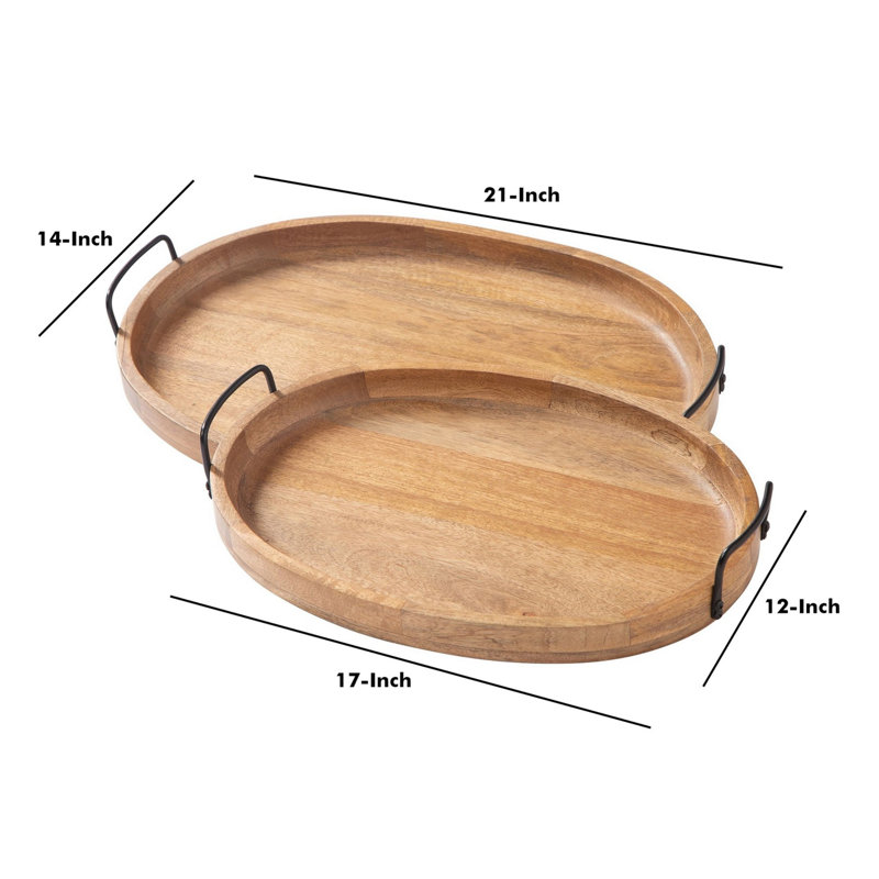 Jocelyne Contemporary 17" Brown Wood & Metal Serving Tray Set