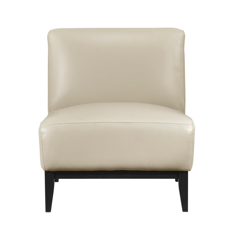 Fauteuil d'appoint en cuir de buffle beige avec cadre en bois massif et coussin en mousse haute densité, Cuir fleur beige