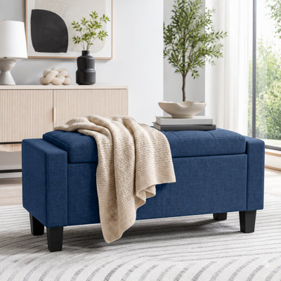 Repose-pieds de rangement rectangulaire en tissu touffeté de 36,6 po, banc assis avec accoudoirs et pieds en bois, pouvant supporter jusqu'à 528 lb