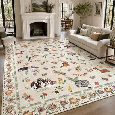 Vintage Washable Area Rug with Non-Slip Backing, Soft Low-Pile Animal & Botanical Patterned Rug for Living Room Bedroom