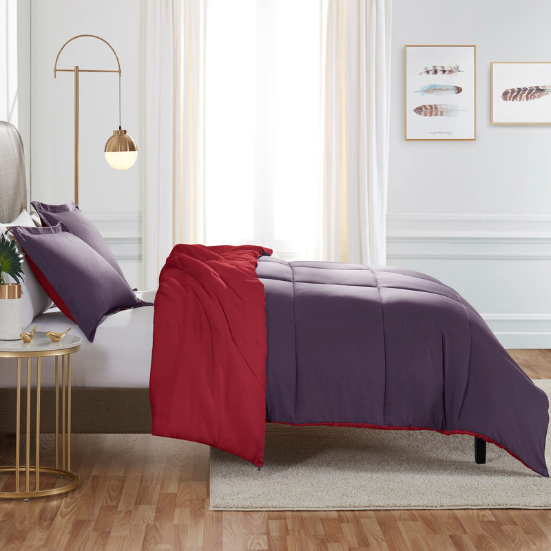 All Season Down Alternative Reversible Comforter Set, Queen Comforter + 2 Standard Shams, Burgundy/Eggplant