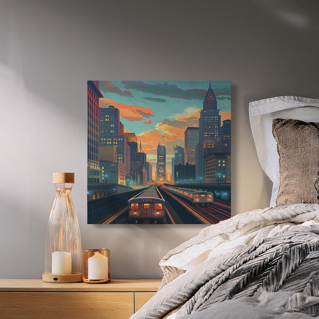 New York Cityscape Canvas Wall Art, Subway Train Print, Gallery Wrapped, Modern Decor, Ready to Hang, Archival Quality, Statement Piece