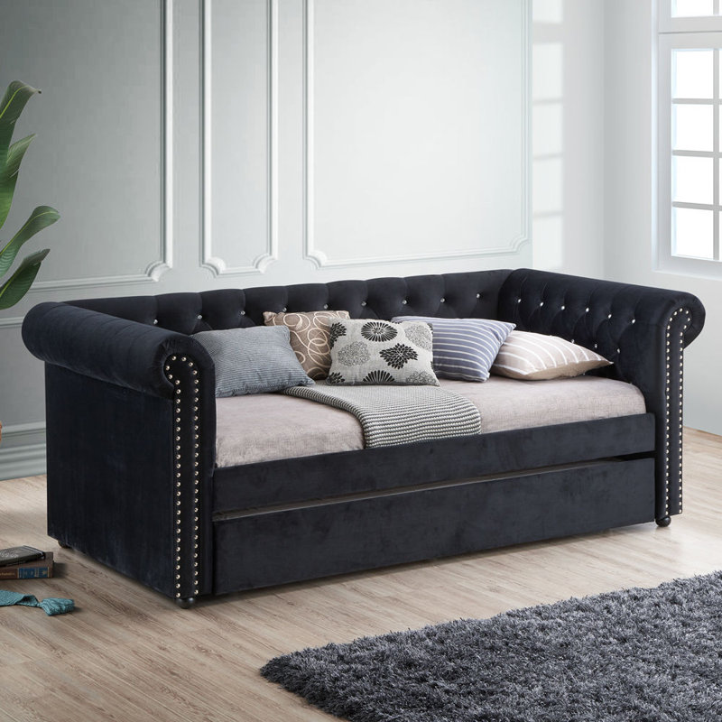 Luxueux 1pc Modern Aesthetic Magnifiquement capitonné à boutons cloutés Design Lit de jour Lit gigogne encastré Espace de vie Chambre d'amis