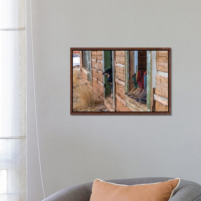USA, Wyoming Hideout Horse Ranch, Boots On Display 1 Piece Wall Art on Canvas