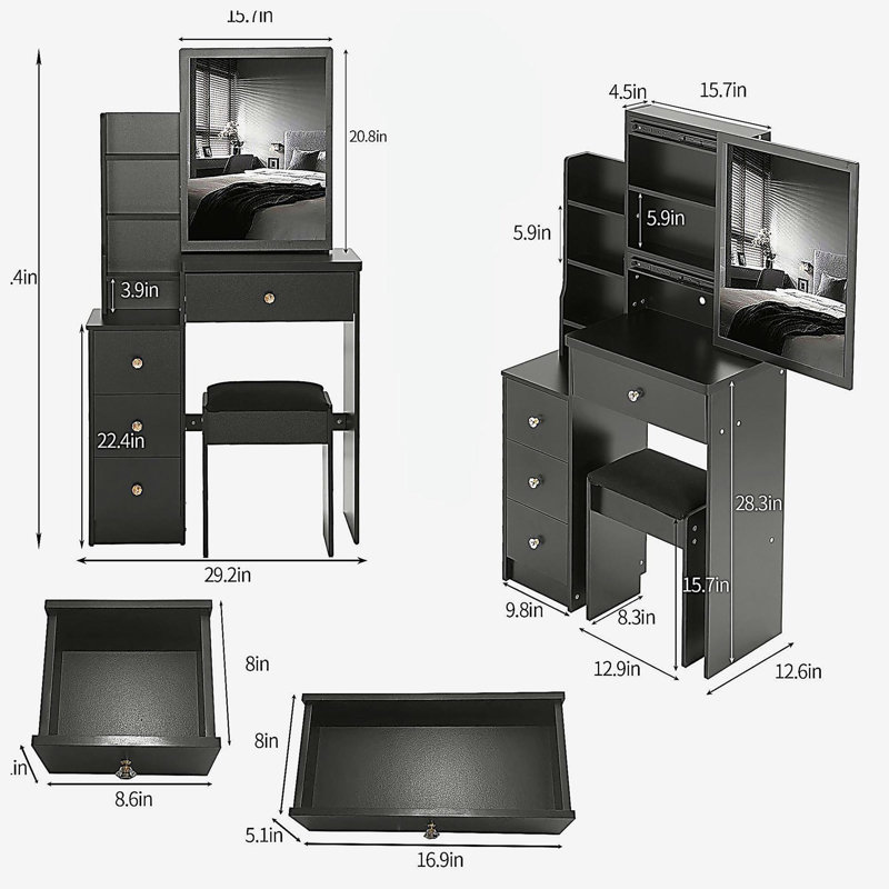 29.2" Small Space Left Bedside Cabinet Vanity Table + Cushioned Stool, Extra Large Right sliding mirror, Multi Layer High Capacity Storage, Practical Fashionable Dresser, Suitable For Small Space