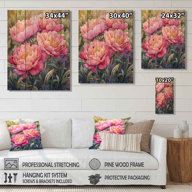 Peonies In The Vegetable Garden III - Peonies Wood Wall Decor - On Natural Pine Wood, 20" H x 10" W x 0.78" D