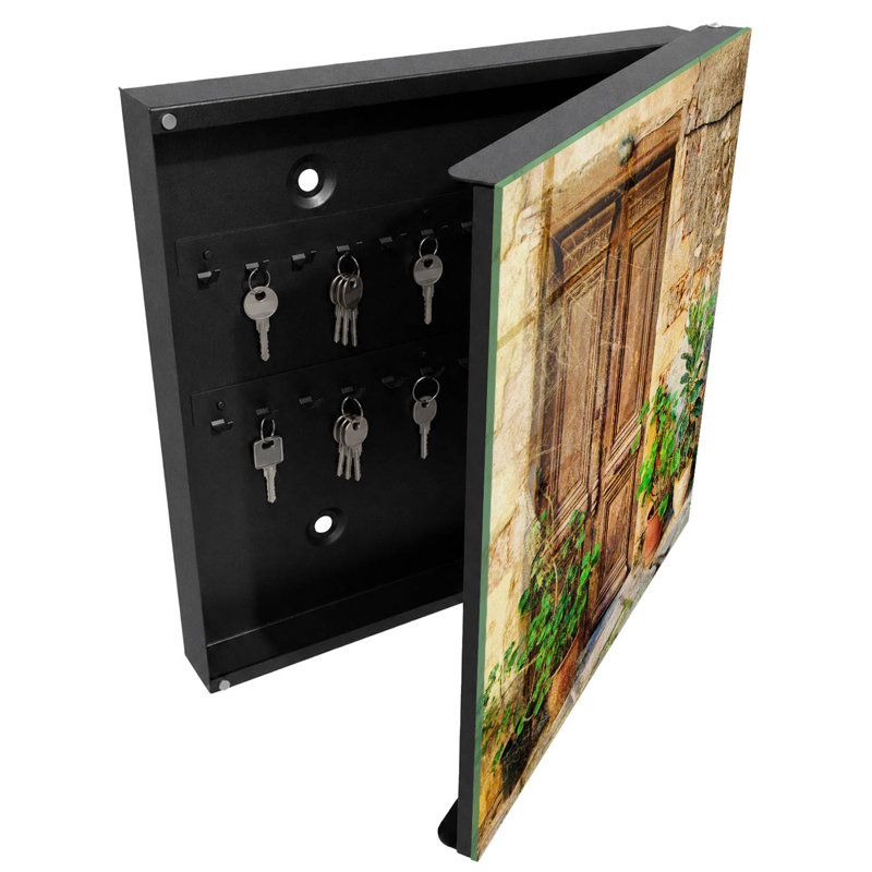 Wall mounted key box, Opens to the right, 30x30x5, White, Wooden door with plants in clay pots, 
