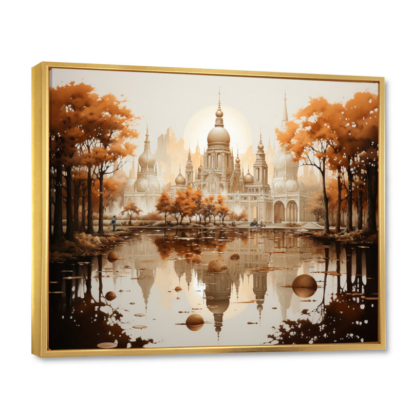 Hinduisim Art Temple Reflections III - Spiritual Wall Decor, H 16 po x l 32 po x P 1 po, Cadre flottant doré