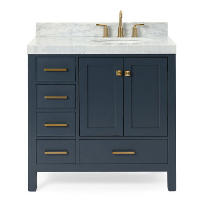 Ariel Cambridge 36 po Meuble-lavabo décalé à droite avec 2 po Comptoir en marbre de Carrare