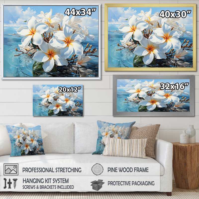 Golden Plumeria Radiance Flowers II sur toile, Cadre flottant doré, H 12 po x l 20 po x P 1 po