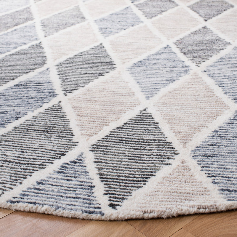 Milladore Precious Hand Tufted Wool/Cotton Geometric Rug in Blue/Beige, Round 6'