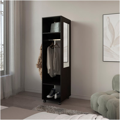 Armoire H 63 po, avec 3 tablettes, 1 miroir et 4 roulettes, noir