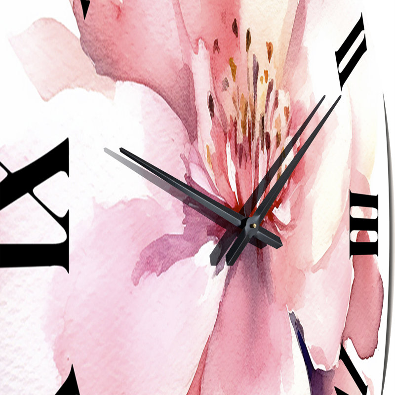 Horloge murale délicate fleur d'hibiscus rose en métal I, Moyenne