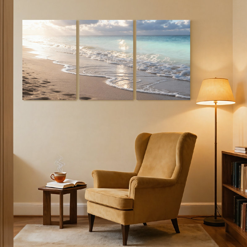 Plage, coucher de soleil, plage, vagues, ciel de sable, océan, horizon, nuages, ensemble de 3 impressions sur toile