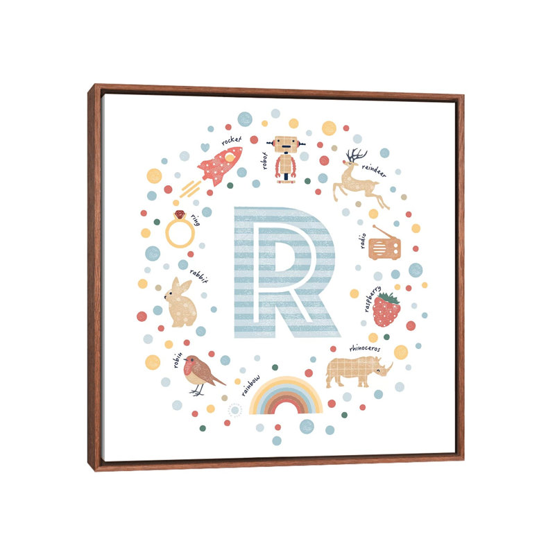 Lettre illustrée R bleue - impression, H 26 po x l 26 po x P 1,5 po, Toile avec cadre brun, Pas de tapis