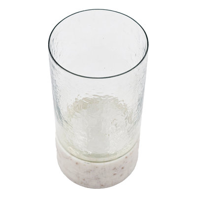 Candle Holder With Textured Glass Shade, White Coastal Stone Base, 8 Inch
