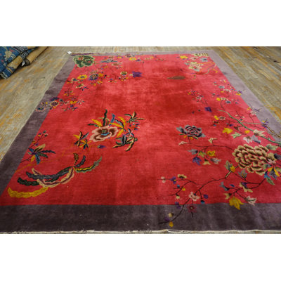 Wool Floral 1920s Antique Rectangle Hand Knotted Pile Purple / Lavender Mauve Rug