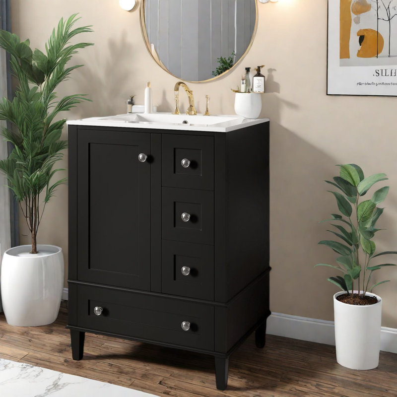 Meuble-lavabo compact en bois noir avec lavabo et rangement moderne