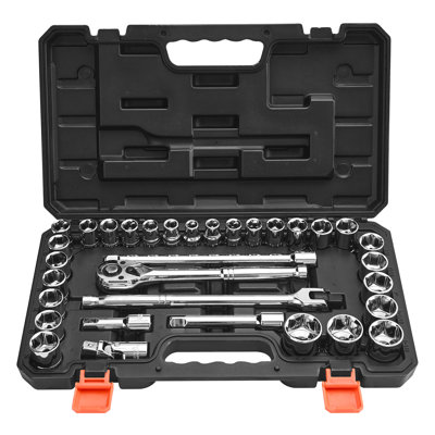 Ensemble de douilles, 33 pièces, douille de commande 1/2 po et ensemble à cliquet, SAE et métrique, trousse d'outils de mécanicien avec clé à cliquet, barre d'extension et étui de rangement, acier allié CR-V, pour la réparation automobile | 17,32 po x 11,02 po x 3,54 po |