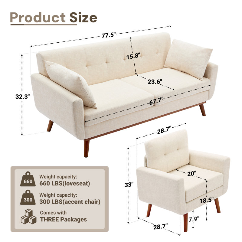 Ensemble de salon rembourré capitonné 78 po avec 2 fauteuils, Beige