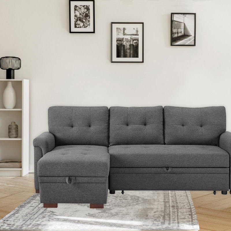 Canapé-lit modulaire réversible 84 po en lin gris foncé avec méridienne de rangement