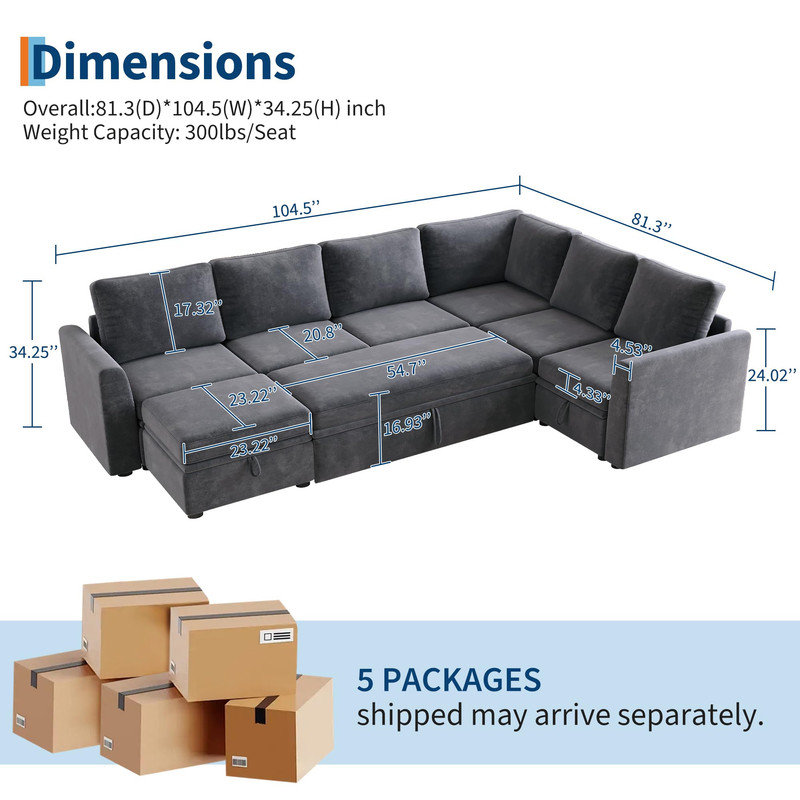 Canapé-lit modulaire en U avec lit escamotable Chenille, canapé modulaire à 7 places avec rangement et 2 repose-pieds, Gris