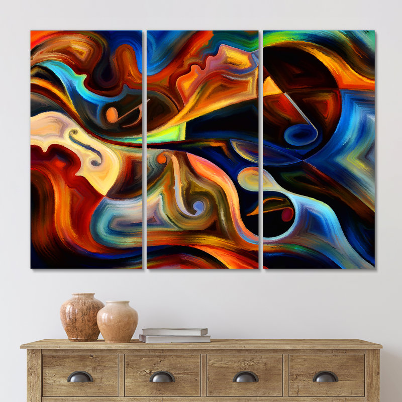 «Blue Orange and Yellow Dynamics On Black», reproduction d'art sur toile moderne - PT40868, H 28 po x l 36 po x P 1 po