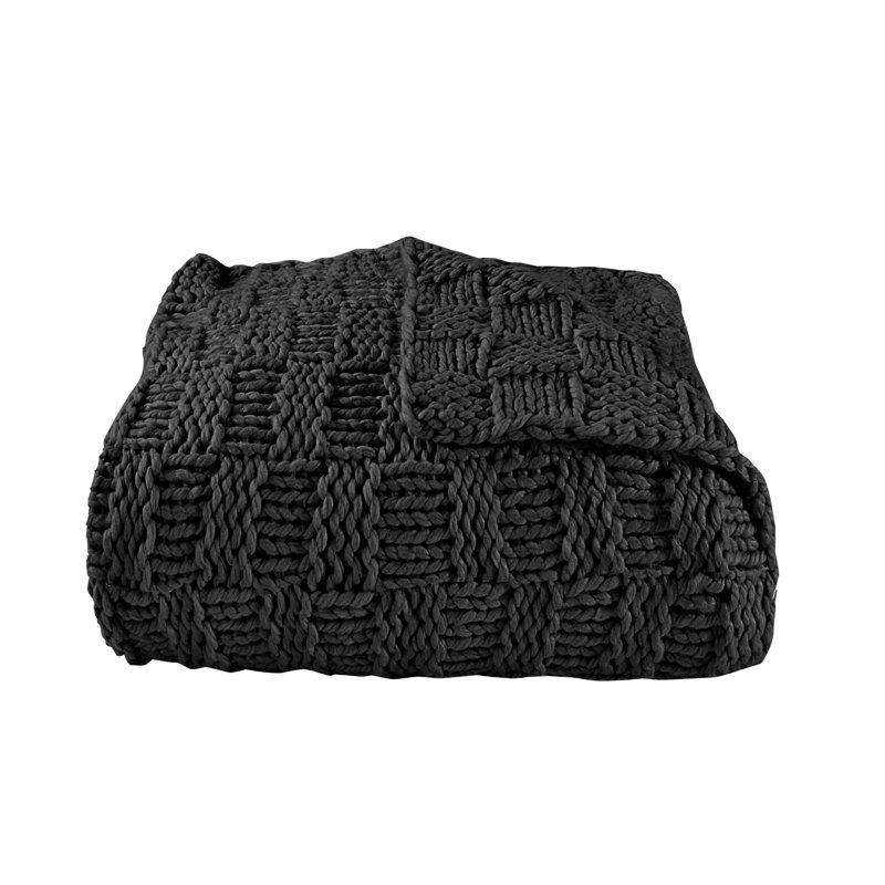 Chess Hand Knitted Solid Textured Chess Pattern Soft Throw Blanket, Black, 60" L x 50" W