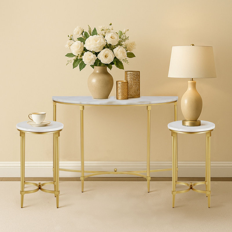 Ensemble de table de salon ovale en marbre 3 pièces avec console demi-lune et tables de bout ovales