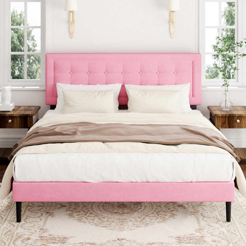Sebria Bed Frame with Velvet Upholstered Square Design Headboard Platform Bed with Strong Wood Slats, King, Pink