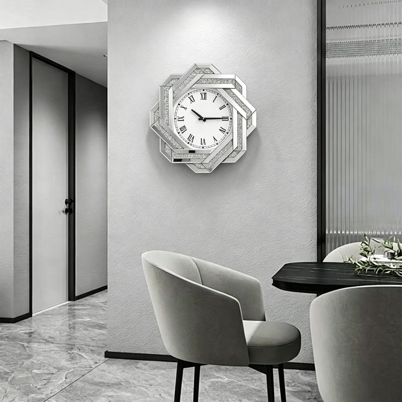 Horloge murale 20 "à miroir en argent, horloge murale à 8 pointes diamant écrasé avec chiffres romains, horloge décorative en verre biseauté