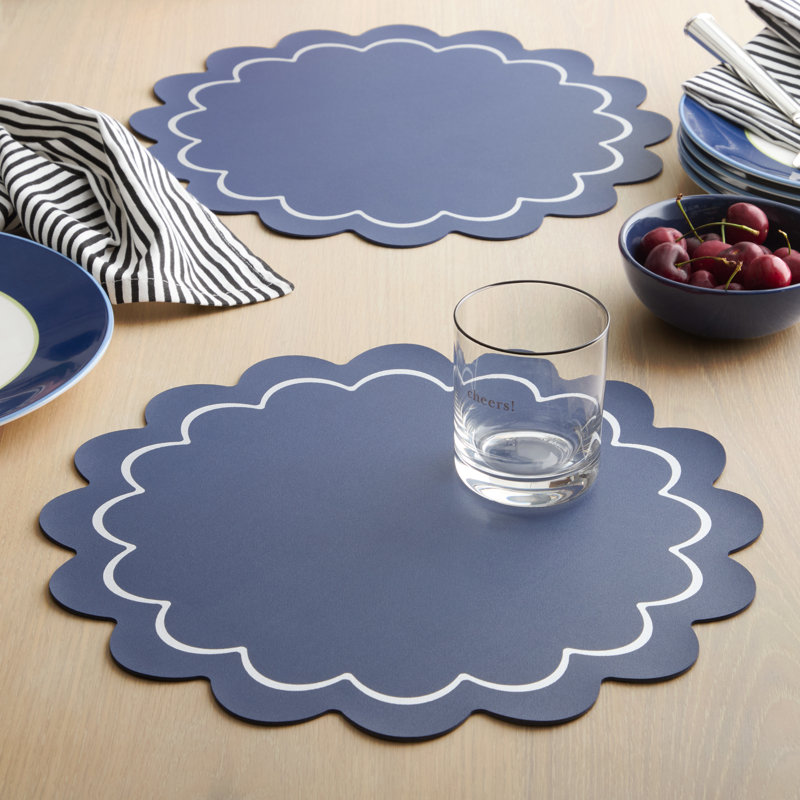Navy and Silver Faux Leather Scallop Edge Round Placemats Set of 6