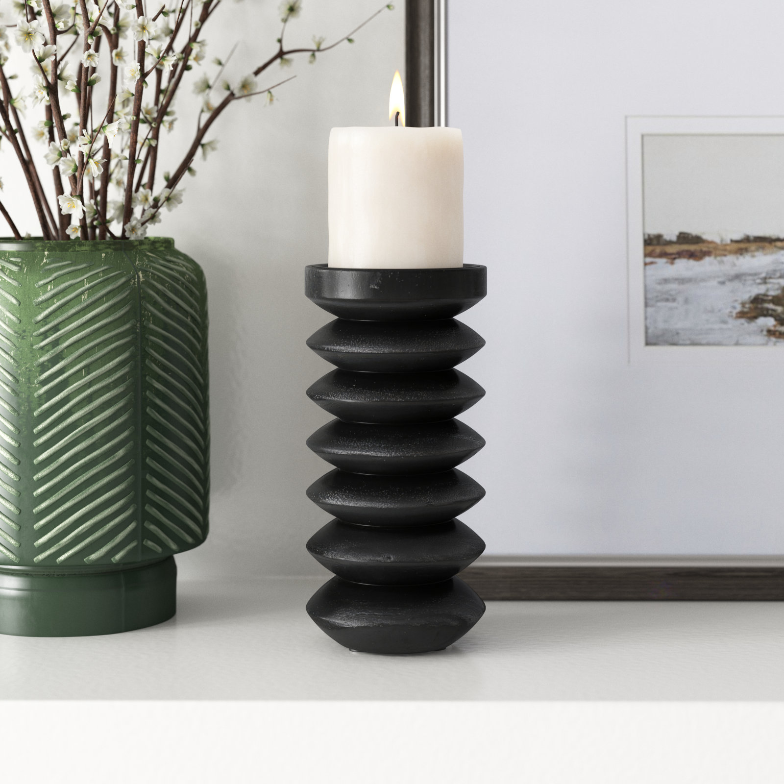 Wood Pillar Candle Holder, 8" H x 4" W x 4" D