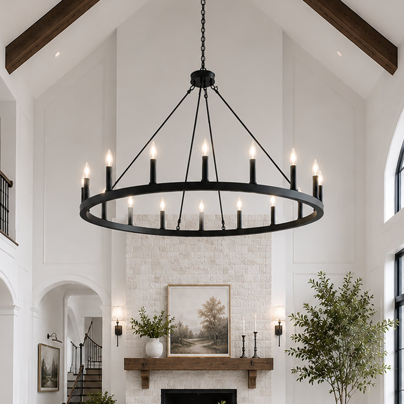 Adriana 47" W 16-Light Dimmable Wagon Wheel Chandelier with Sloped Ceiling Adapter, Classic Black/Aged Zinc
