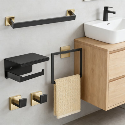 Modern Black And Gold Bathroom Hardware Set, 5-Piece Wall Mounted Towel Bar Holder Set With 16-Inch Towel Bar, Towel Ring, Paper Holder, And Hooks, Durable Stainless Steel Construction