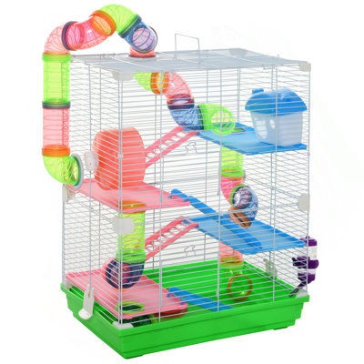 Pawhut 18" 5 Tier Hamster Cage With Tubes And Tunnels, Small Animal Cage With Portable Carry Handle, Rat Gerbil Cage With Water Bottle, Food Dish, Exercise Wheel