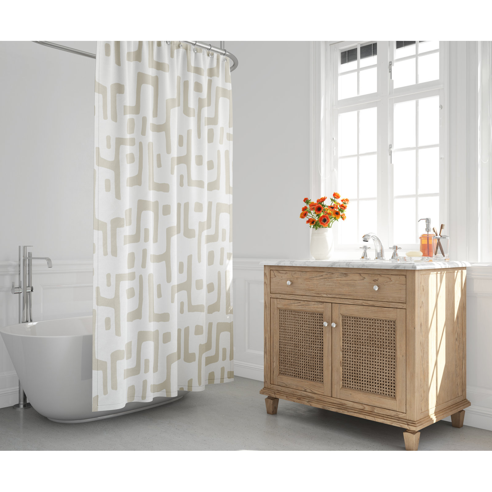 Polyester Shower Curtain, Beige/White