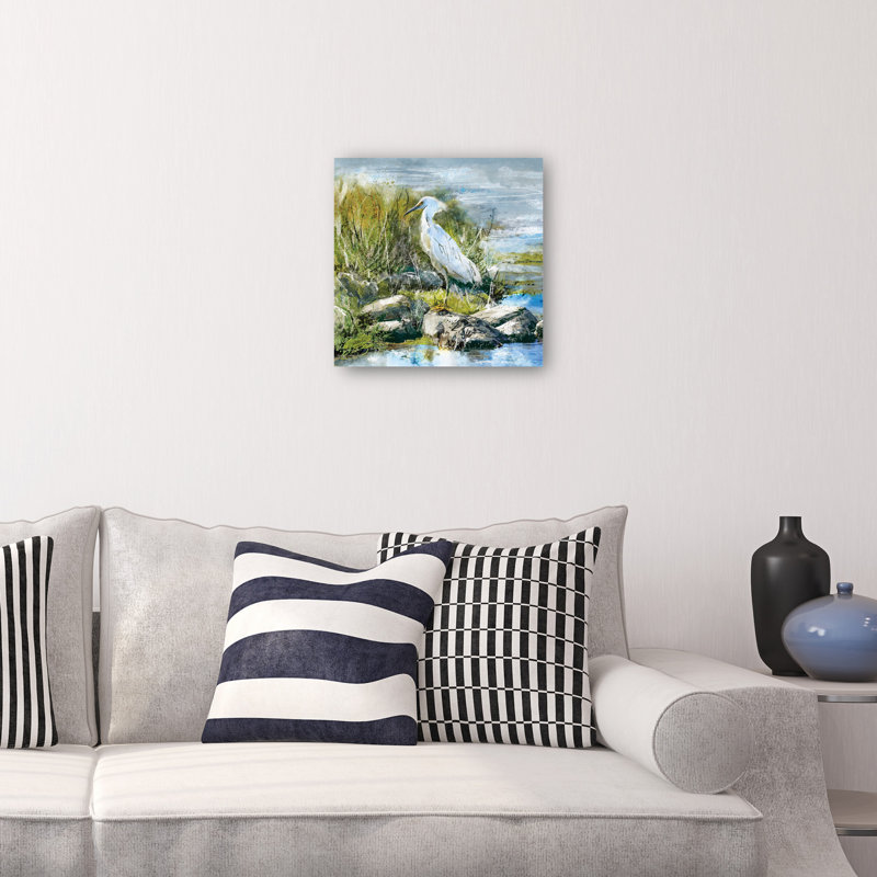 Snowy Egret 12x12 White Canvas Art Print