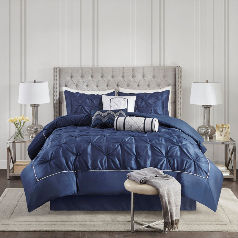 Ensemble d'édredon touffeté 7 pièces bleu marine, Édredon de très grande taille et 6 pièces suppl, Marine