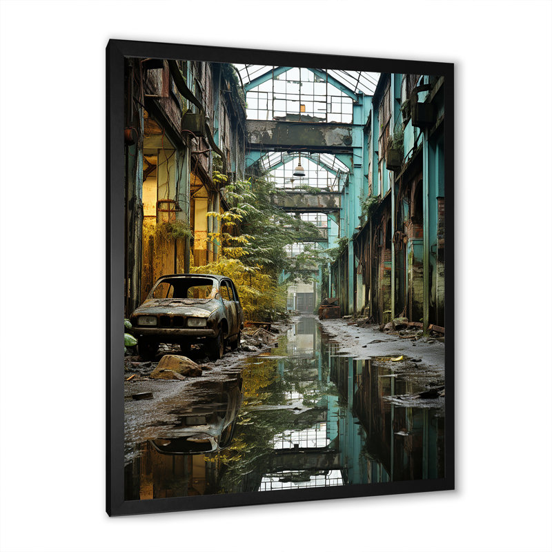Paysage industriel, sarcelle, transformation sur toile, Cadre simple noir, H 20 po x l 12 po x P 1 po