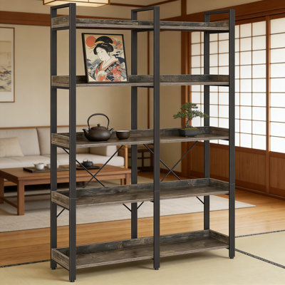 Industrial 5-Tier Bookshelf With Metal Frame And Storage Hooks, Rustic Open Shelf Display Rack For Home Office, Durable Wood And Steel Construction