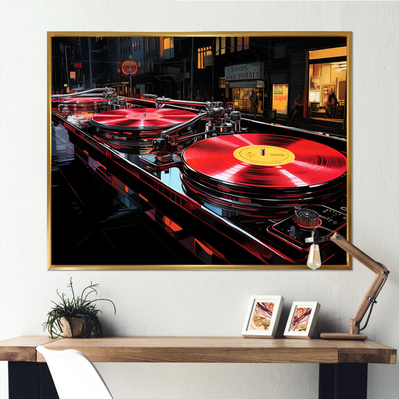 Mauve et noir, Platines vinyle - Reproduction d'art sur toile encadrée, Cadre flottant doré, H 16 po x l 32 po x P 1 po