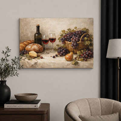 Vin, raisin, pain, poire et fromage, art de nature morte, photos de salle à manger, impression sur toile encadrée