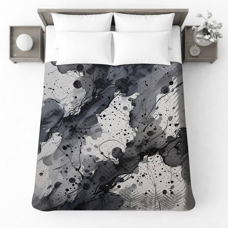 Monochrome Ink Splatter Quilted Bedspread All Sizes, Twin