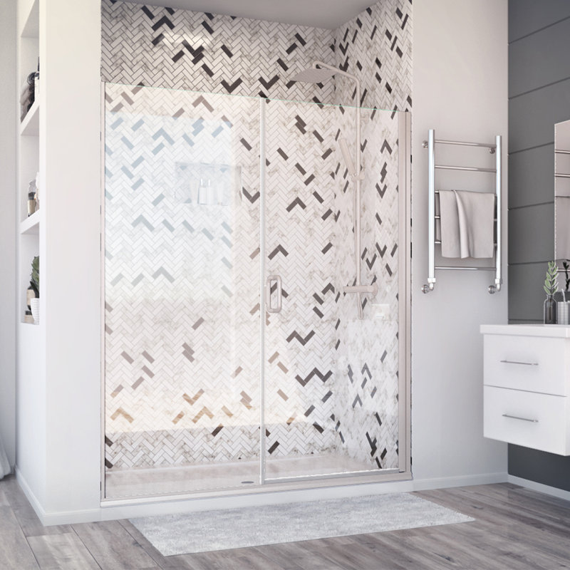 Porte de douche à charnière semi-sans cadre et panneau intégré en nickel brossé Deluxe l 54 po x H 71,375 po, Nickel brossé