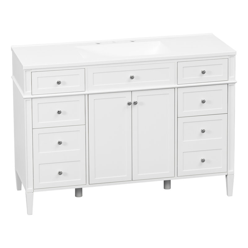 Meuble-lavabo de salle de bain de 122 cm (48 po) avec lavabo, meuble-lavabo autoportant en MDF avec 6 tiroirs et 2 portes, ensemble meuble-lavabo avec lavabo en composite, charnières à fermeture douce et poignées en métal argenté