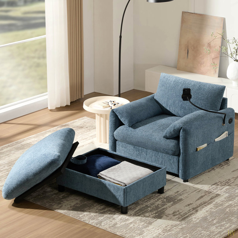 38" Single Sofa With Storage Ottoman, Adjustable Phone Holder, USB Charger, Side Storage Pockets, Pillow-Like Armrests, Wide Seat Chaise Lounge For Living Room&Apartment, Chenille